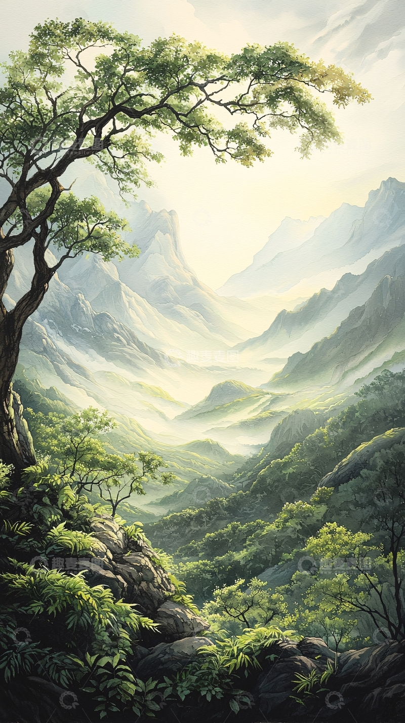 高清大图下载【趣麦麦图】山间绿树与云雾缭绕