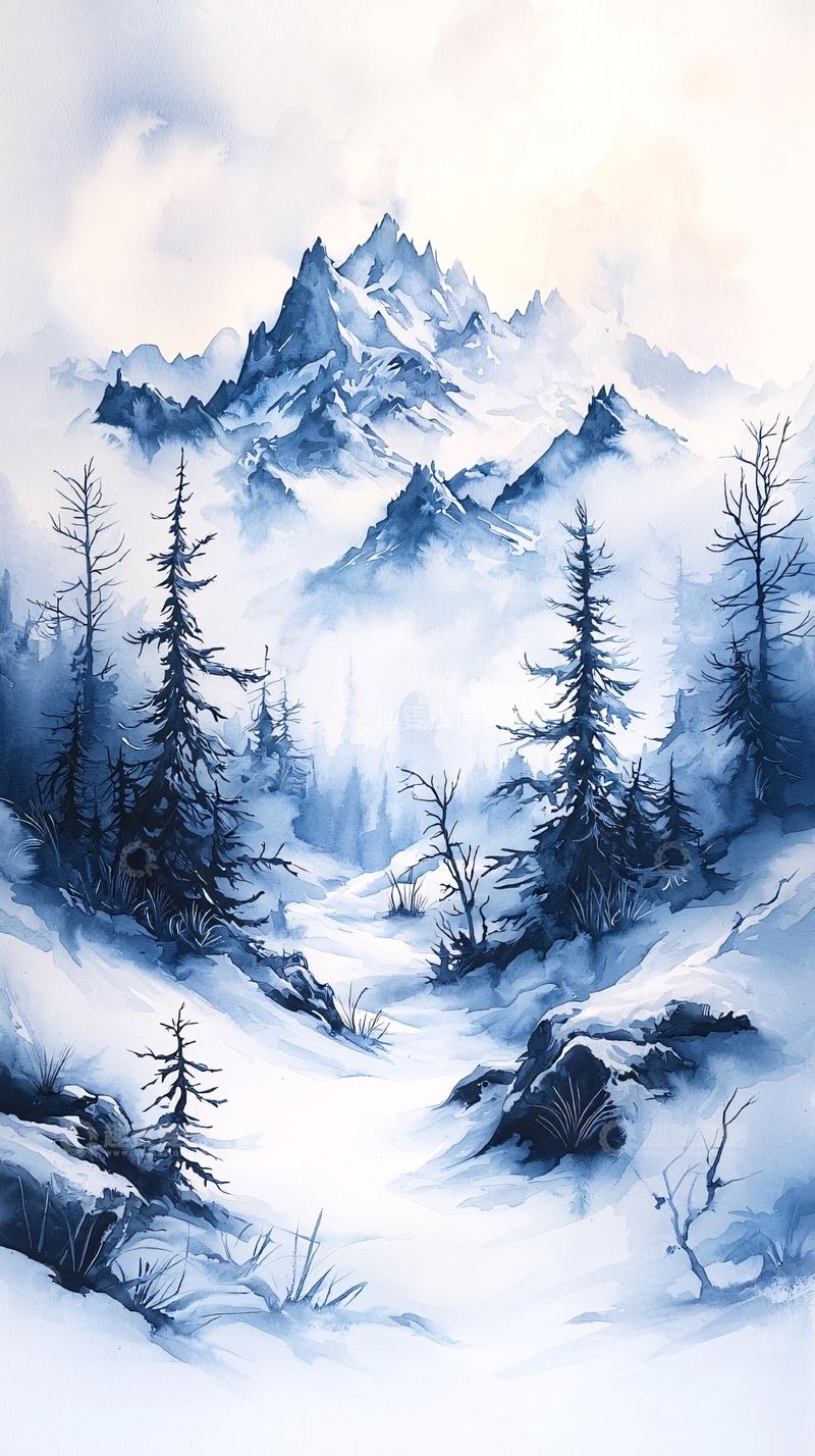 高清大图下载【趣麦麦图】冬日雪山松林风景画