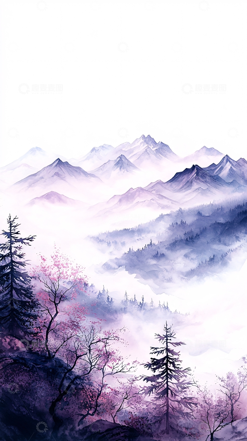 高清大图下载【趣麦麦图】雾中青山樱花树