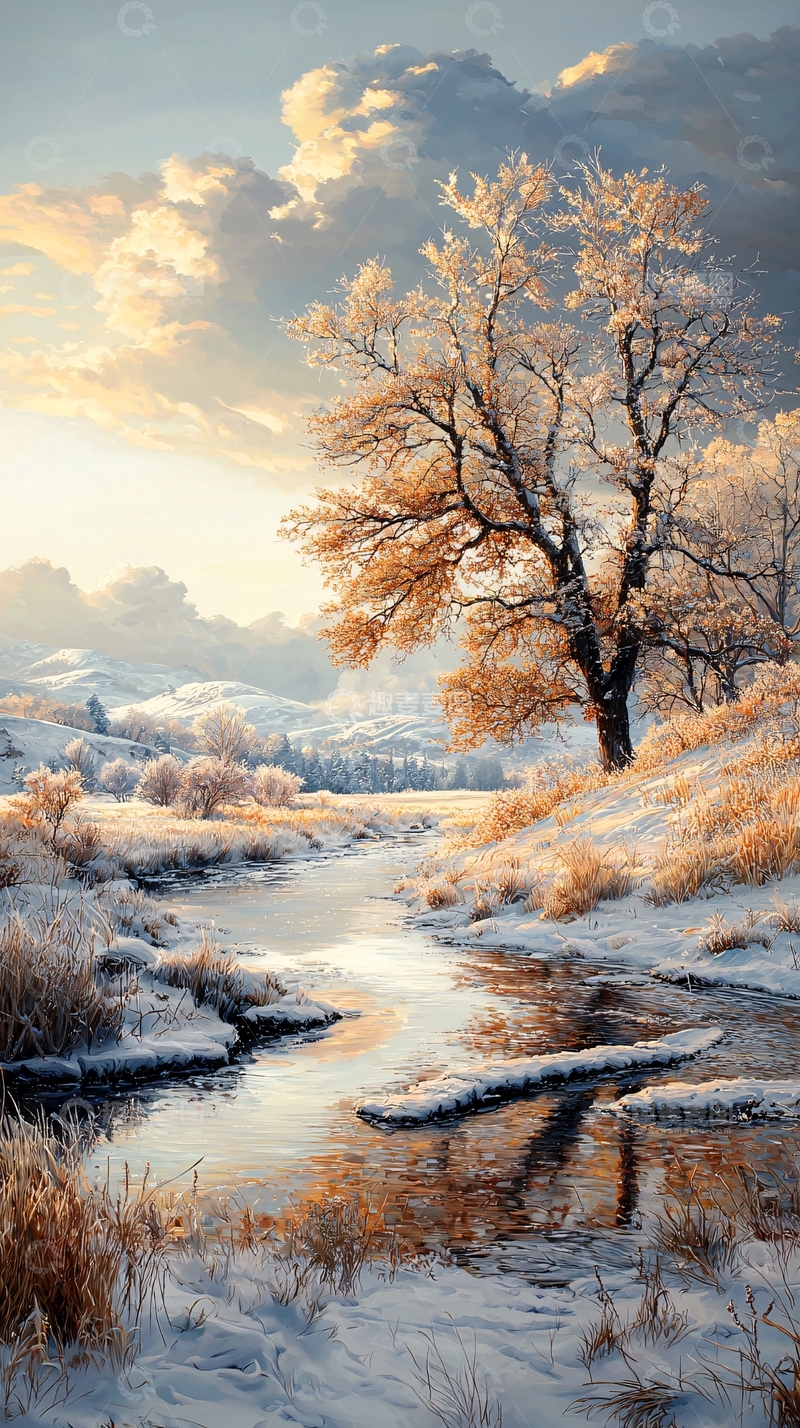 高清大图下载【趣麦麦图】冬日雪景中的小溪与树木