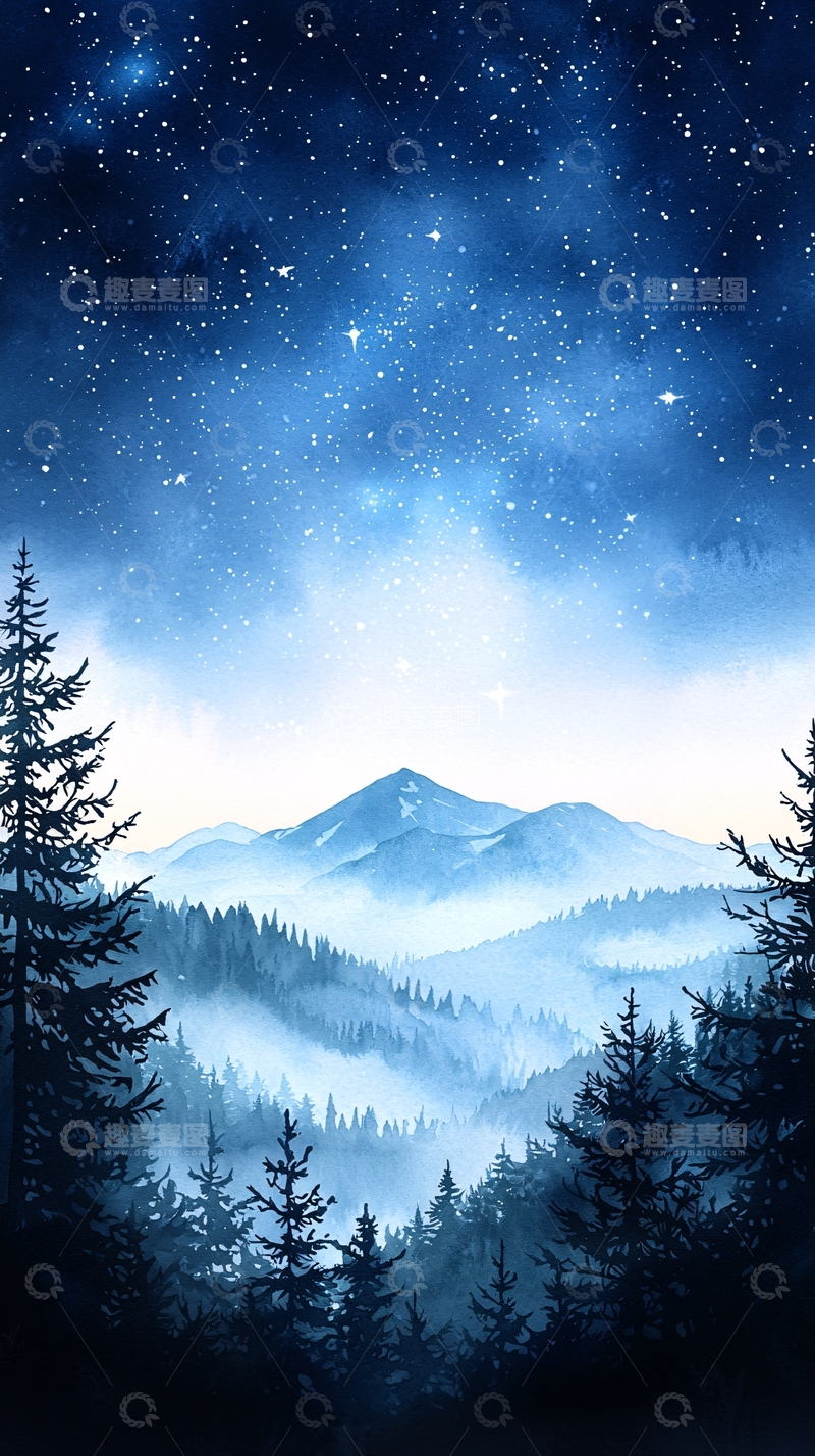高清大图下载【趣麦麦图】冬夜山林星河图
