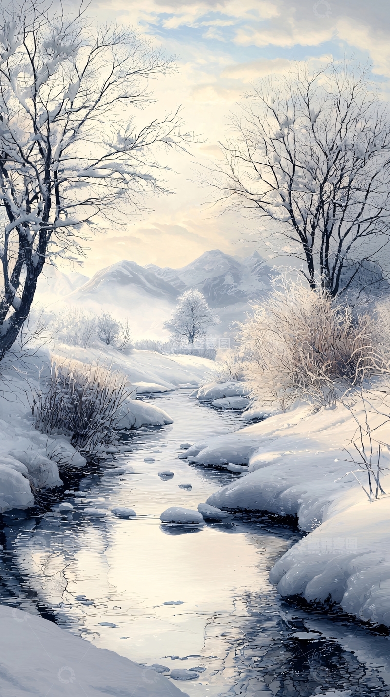 高清大图下载【趣麦麦图】冬日雪景小溪潺潺