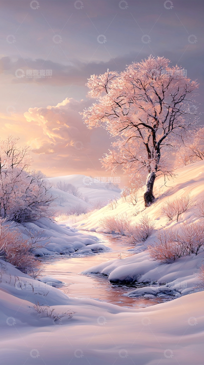 高清大图下载【趣麦麦图】冬日雪景小溪潺潺