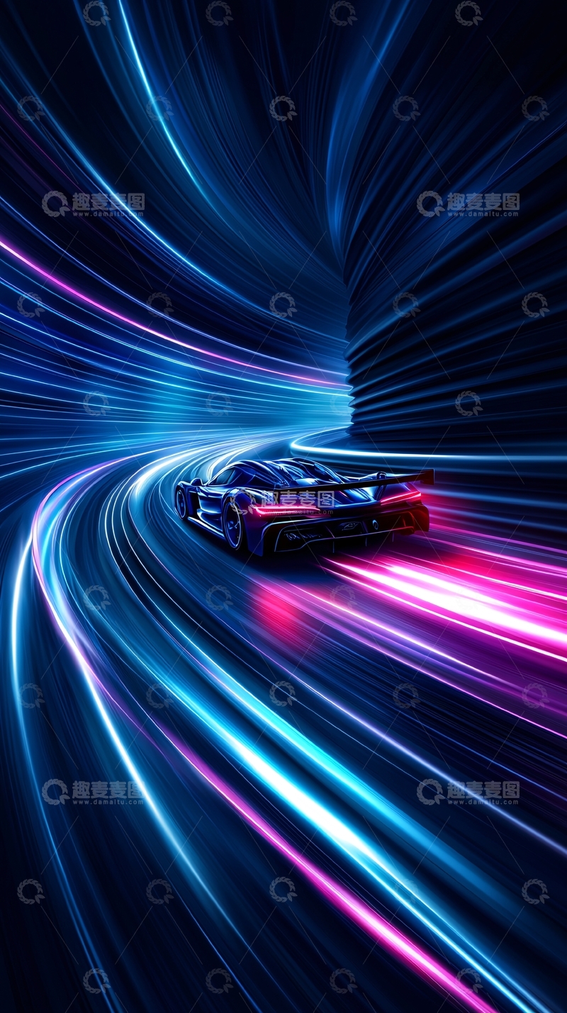 高清大图下载【趣麦麦图】蓝色隧道中的赛车动态光影