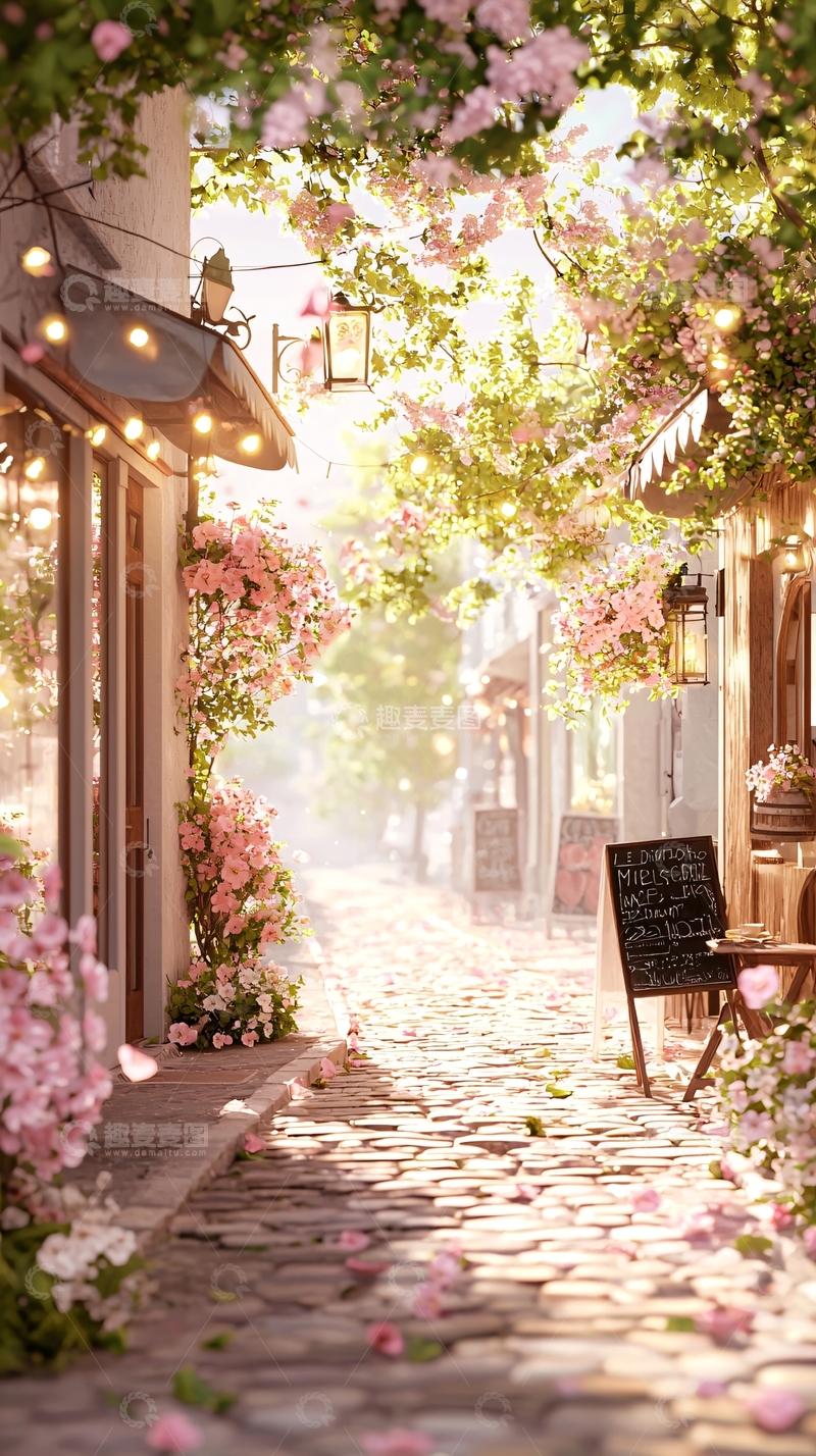 高清大图下载【趣麦麦图】粉色花巷石路浪漫场景
