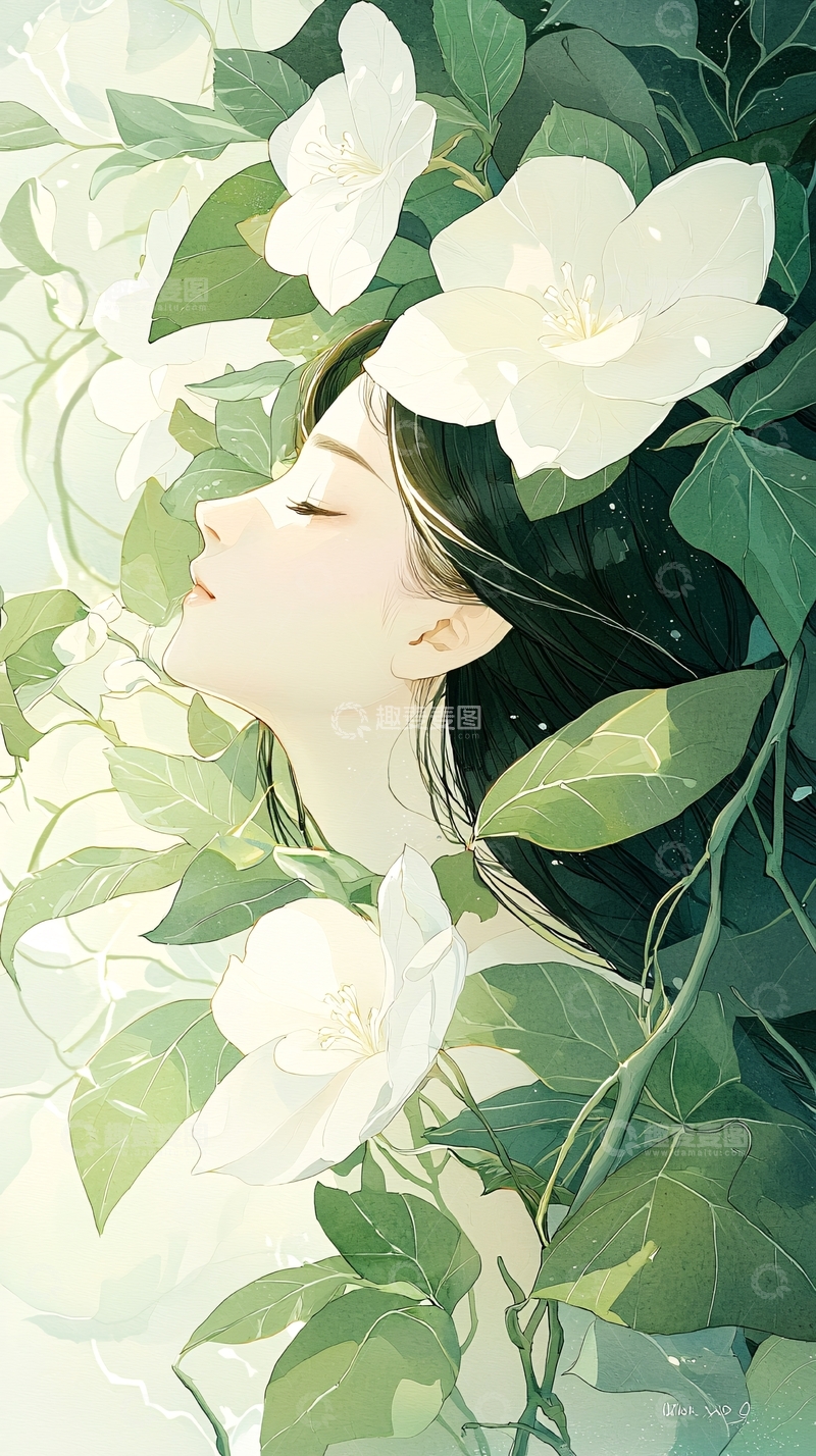 高清大图下载【趣麦麦图】绿意盎然的花海少女