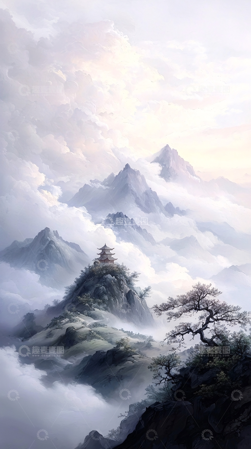 高清大图下载【趣麦麦图】云雾缭绕山间古塔
