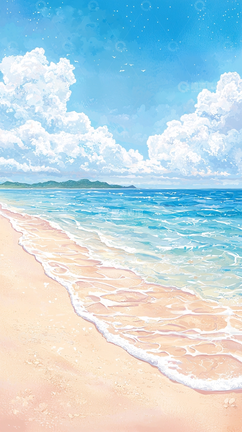 高清大图下载【趣麦麦图】夏日海滩风景插画