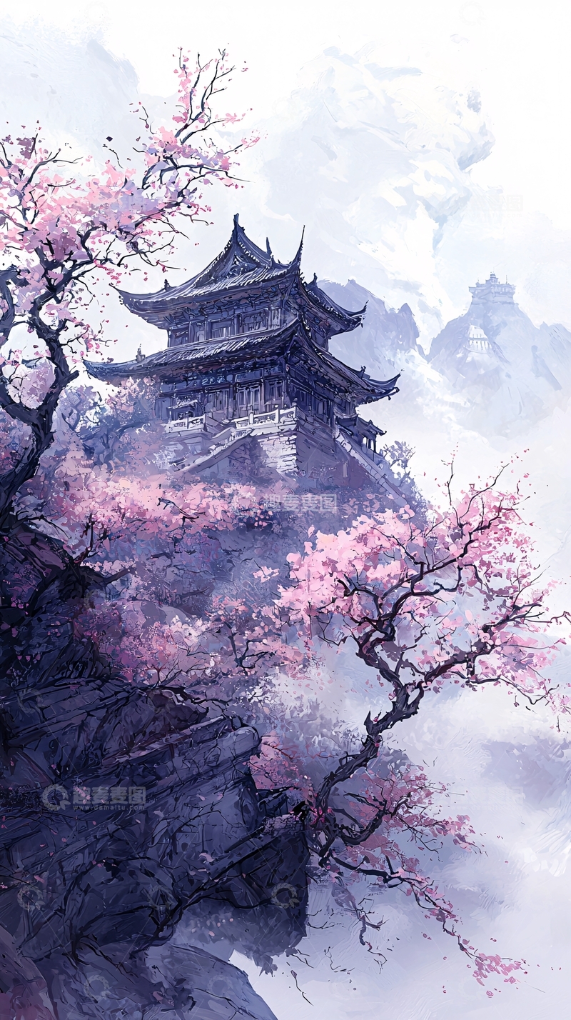 高清大图下载【趣麦麦图】古塔樱花雾中景