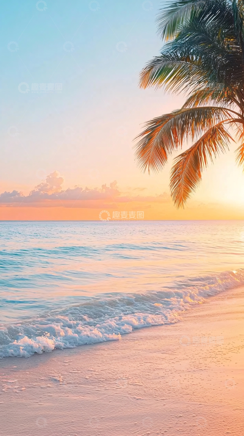 高清大图下载【趣麦麦图】日落海滩椰树风景