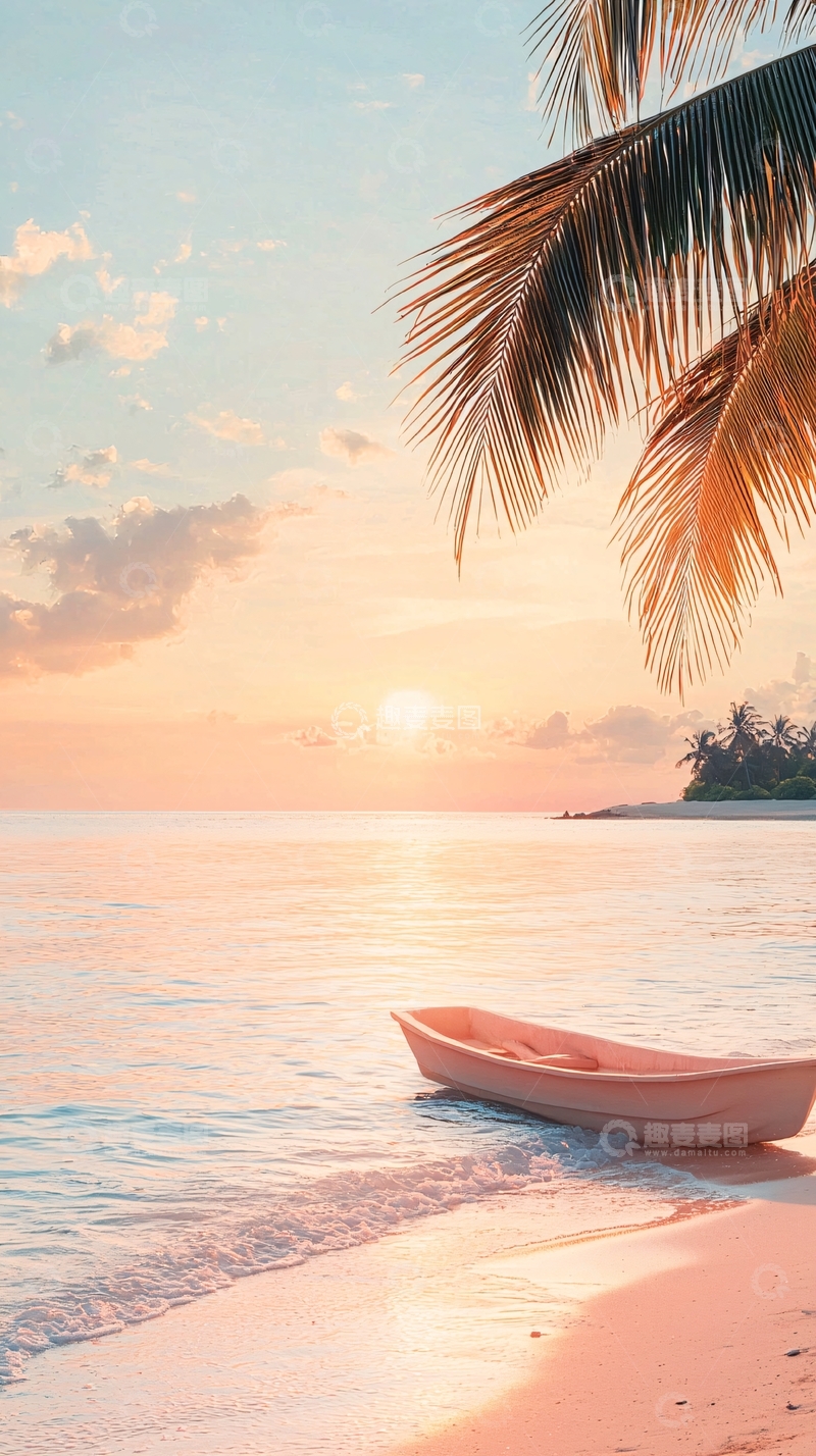 高清大图下载【趣麦麦图】夕阳下的粉色小船海滩