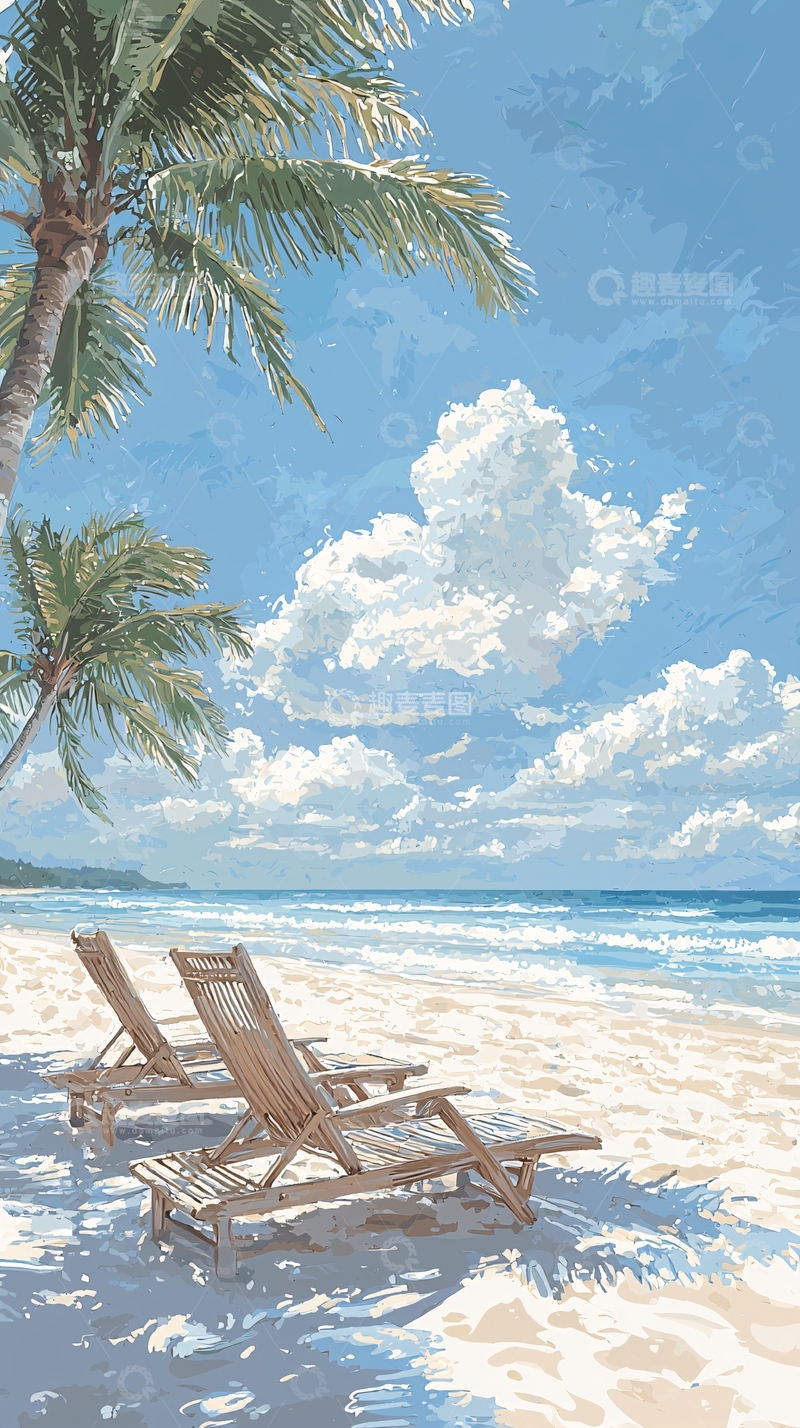 高清大图下载【趣麦麦图】海滩上的躺椅和椰子树