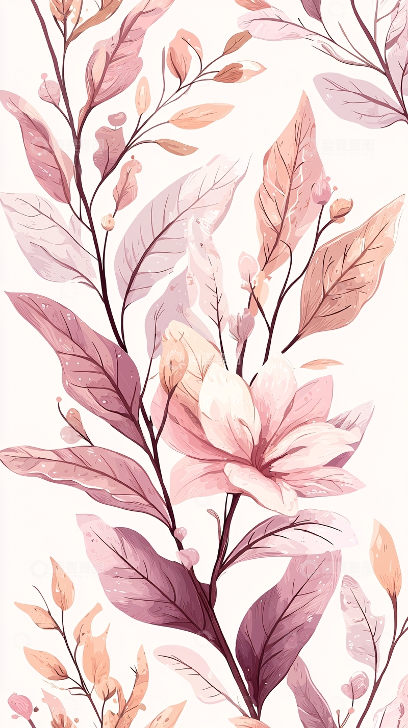 高清大图下载【趣麦麦图】粉色花卉手绘插画背景图