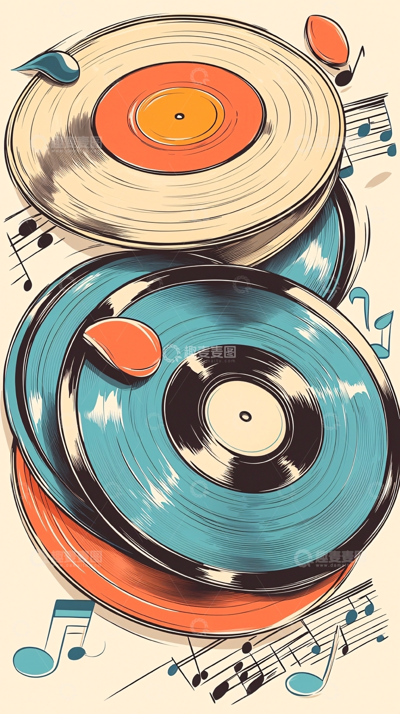 高清大图下载【趣麦麦图】复古唱片音乐插画素材