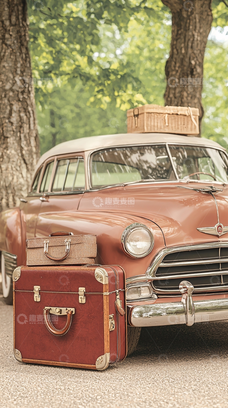 高清大图下载【趣麦麦图】复古汽车与行李箱