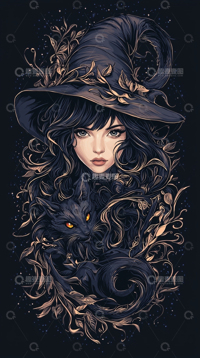 高清大图下载【趣麦麦图】女巫与黑猫的神秘夜景