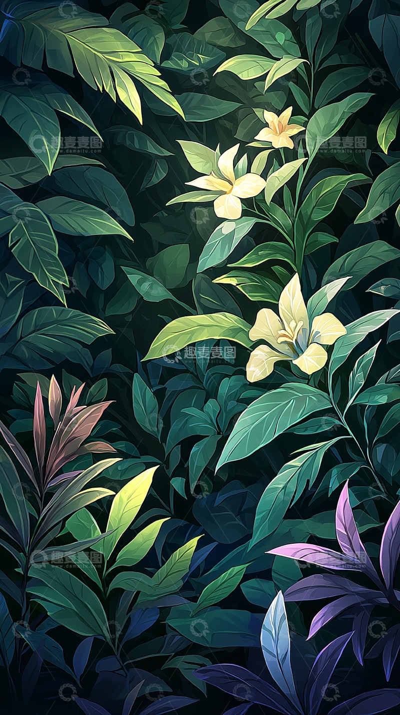 高清大图下载【趣麦麦图】热带雨林植物插画背景