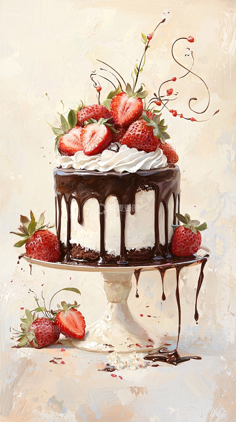 高清大图下载【趣麦麦图】巧克力草莓蛋糕艺术画