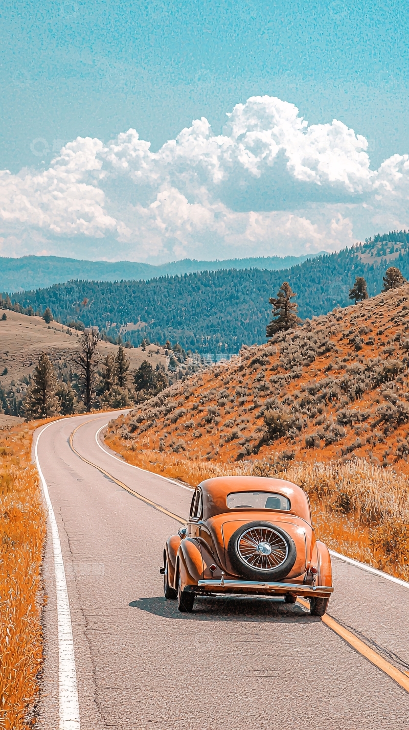 经典汽车穿越山野风景
