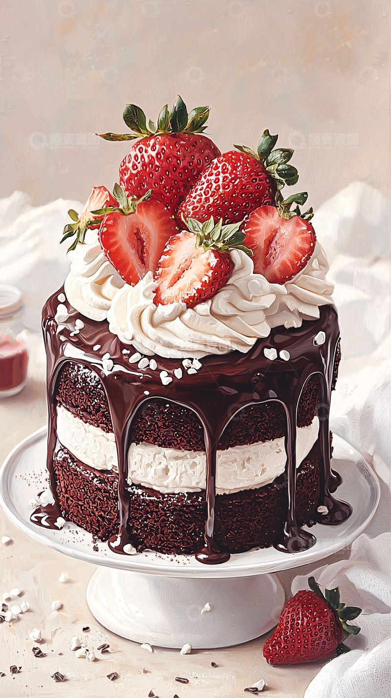 高清大图下载【趣麦麦图】巧克力蛋糕搭配草莓奶油装饰