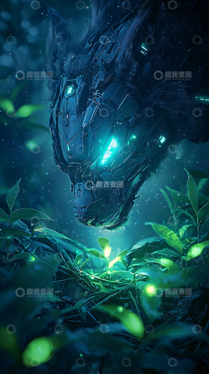 高清大图下载【趣麦麦图】未来机械狼与荧光植物