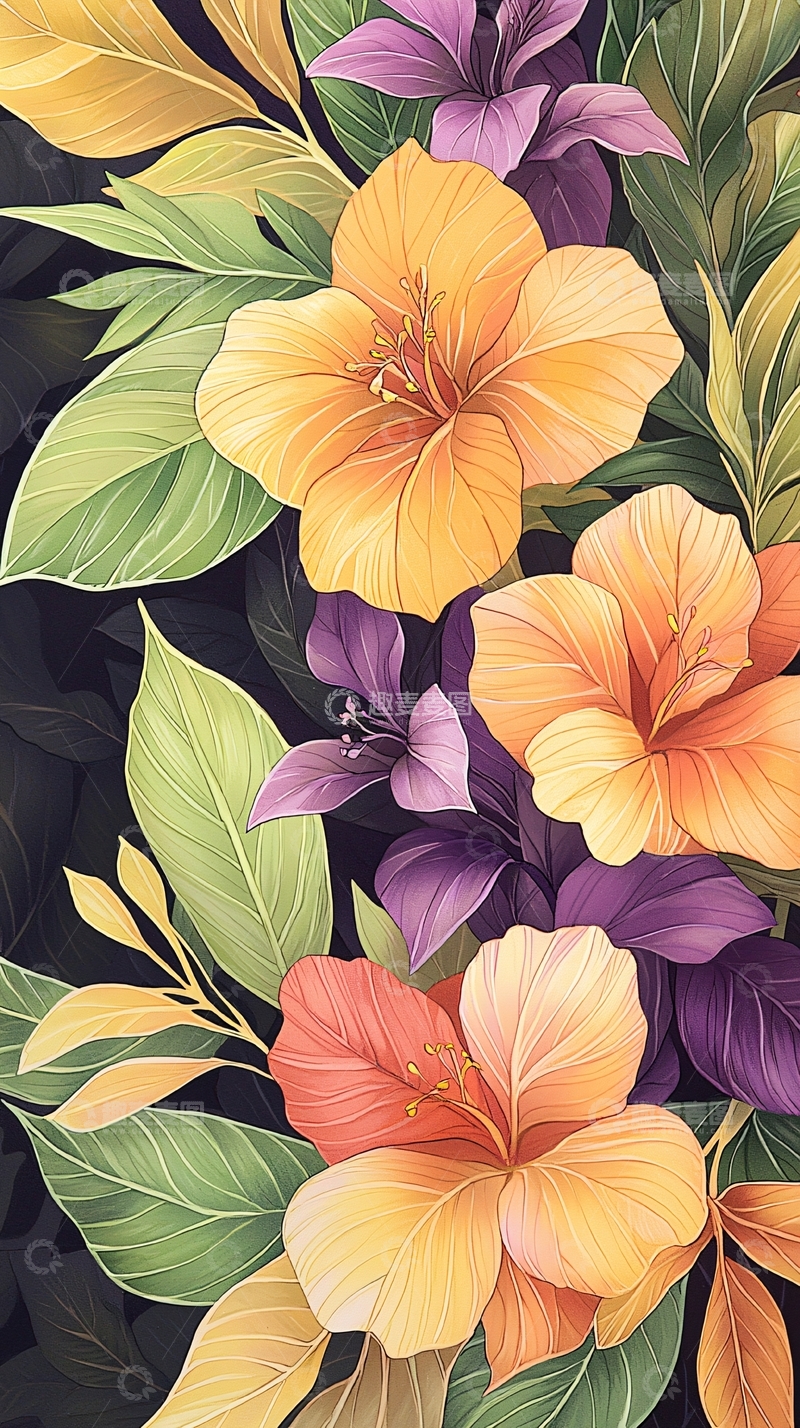 高清大图下载【趣麦麦图】热带花卉图案背景素材