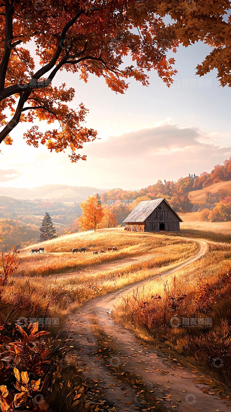 高清大图下载【趣麦麦图】秋日田园小路与老屋