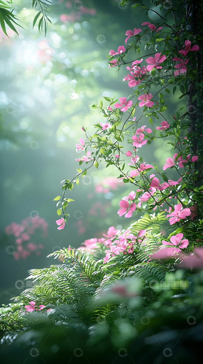 高清大图下载【趣麦麦图】粉色花朵与绿叶交织的自然美景
