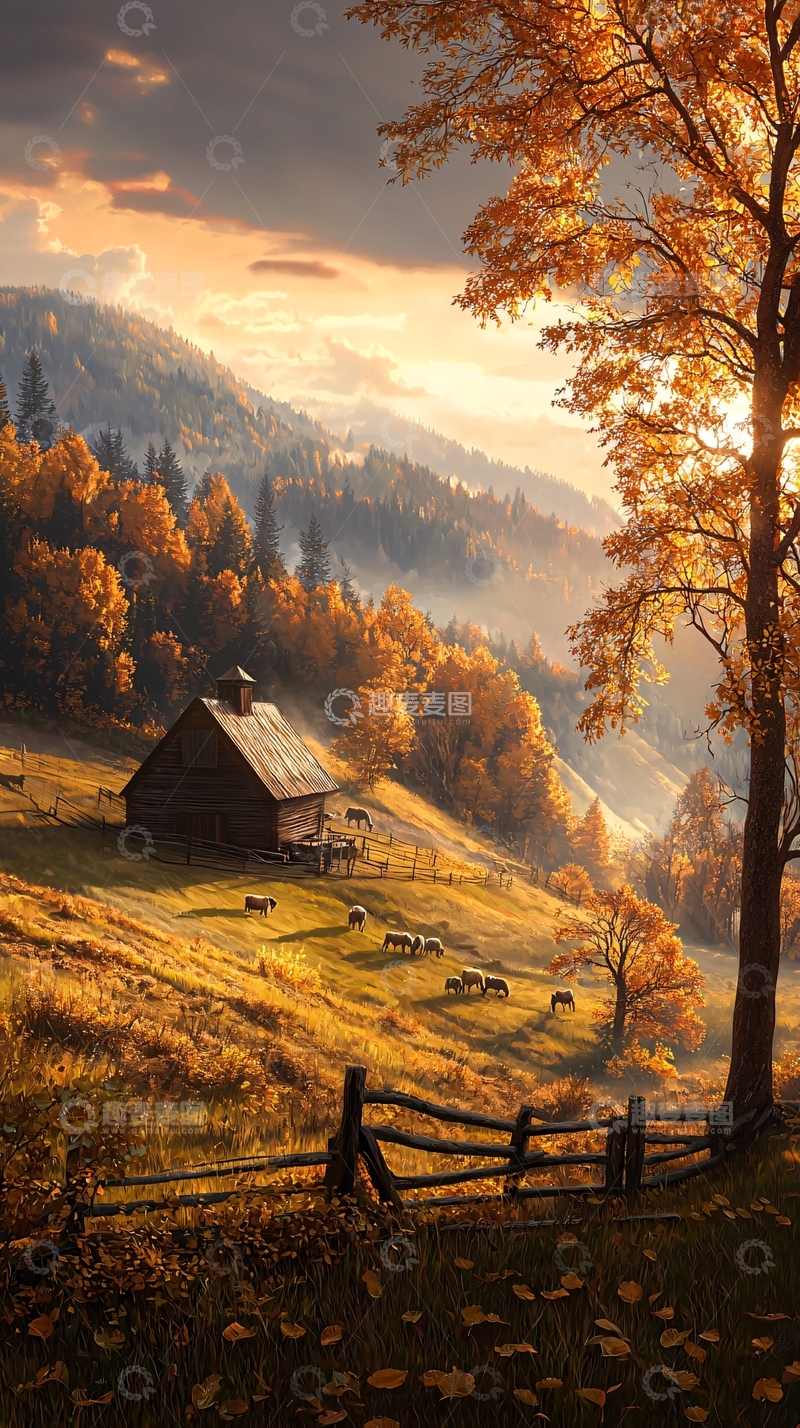 高清大图下载【趣麦麦图】秋日山间小屋与牛群