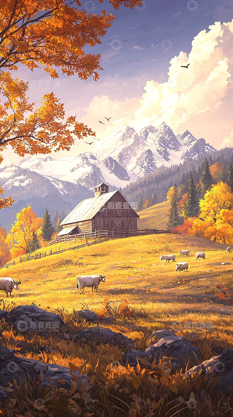 高清大图下载【趣麦麦图】秋日山间牧牛图