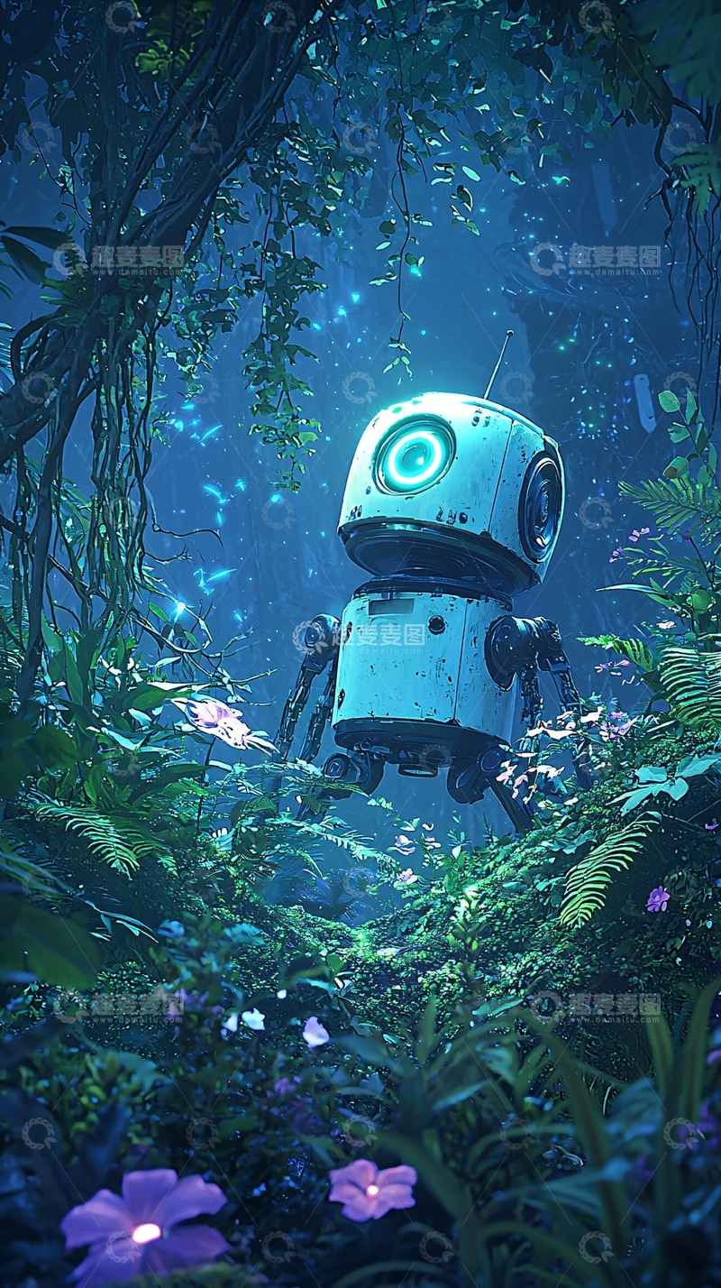 高清大图下载【趣麦麦图】未来机器人探索神秘森林