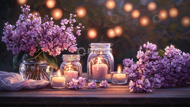 高清大图下载【趣麦麦图】紫色丁香花与蜡烛的浪漫场景