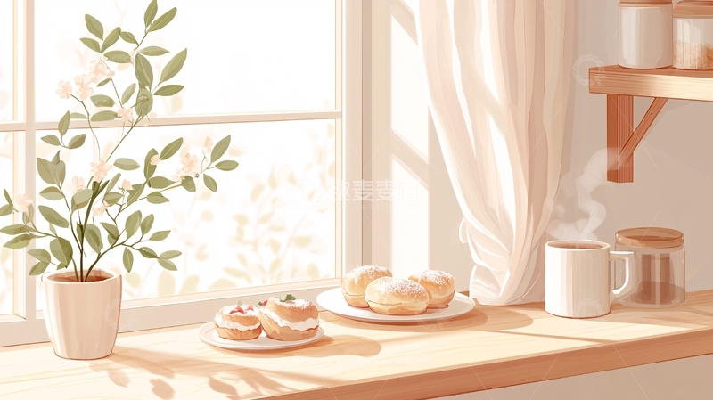 高清大图下载【趣麦麦图】窗边阳光下的甜点与咖啡