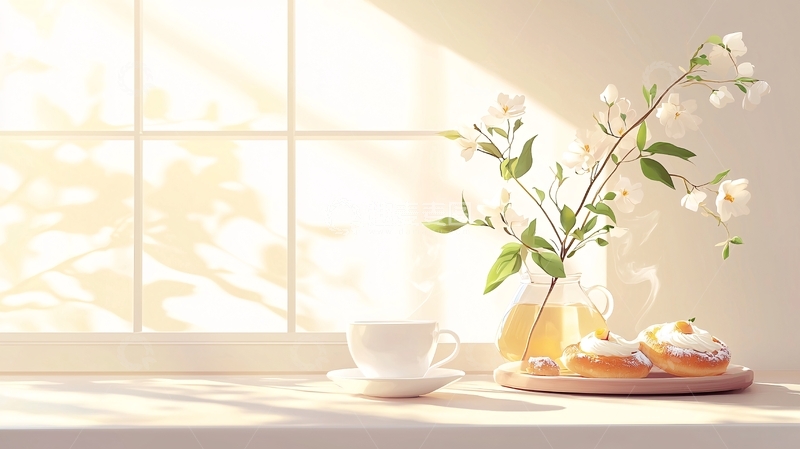 高清大图下载【趣麦麦图】阳光窗台上的茶点与花瓶