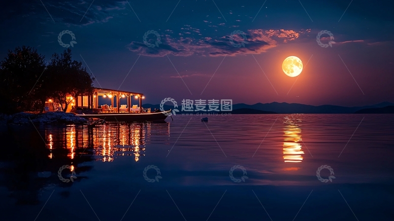 高清大图下载【趣麦麦图】月光下的湖畔小屋