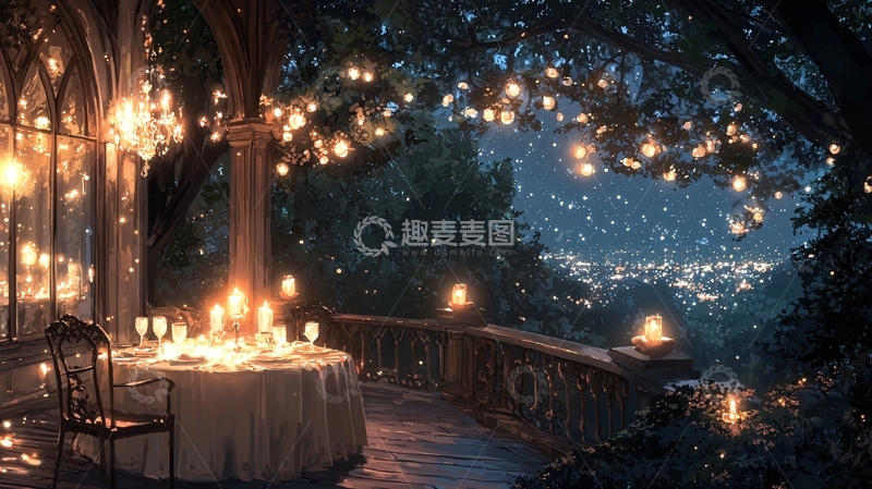 高清大图下载【趣麦麦图】夜晚花园烛光晚餐场景