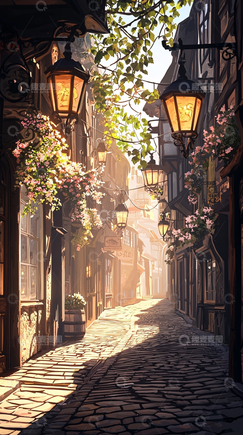 高清大图下载【趣麦麦图】古街巷灯与花影