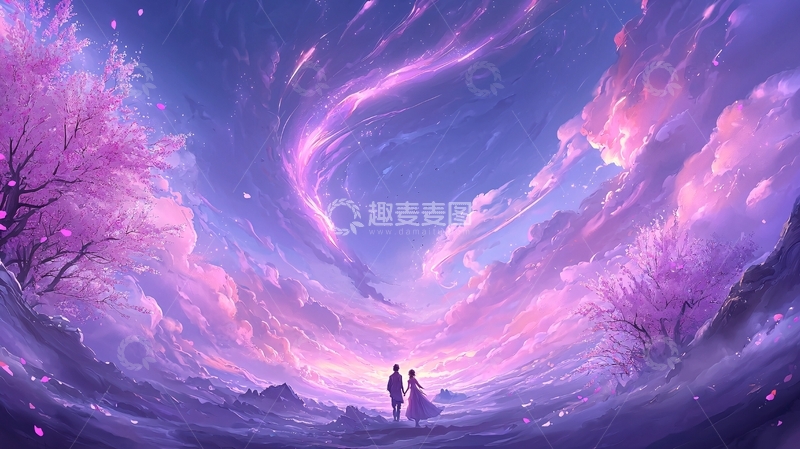 高清大图下载【趣麦麦图】梦幻樱花树下的浪漫情侣