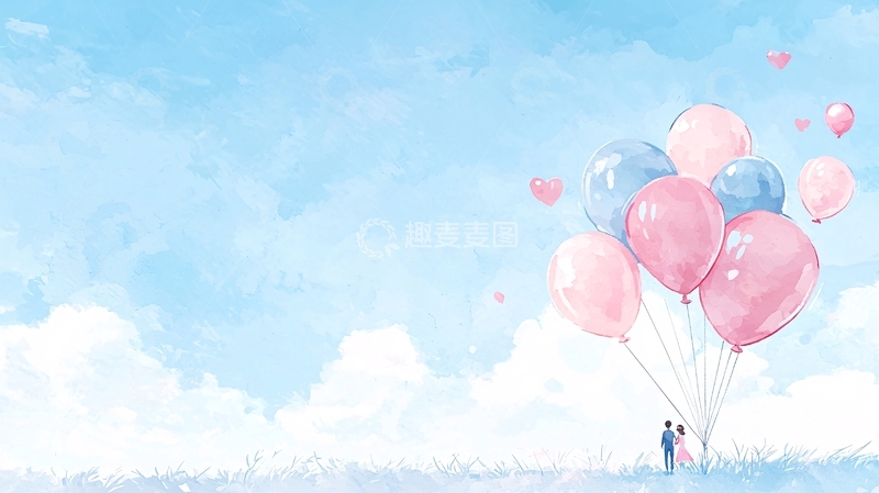 高清大图下载【趣麦麦图】蓝天白云下的气球与情侣