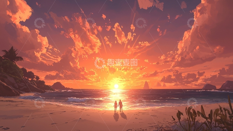 高清大图下载【趣麦麦图】夕阳海滩情侣剪影