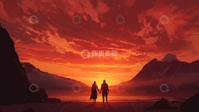 高清大图下载【趣麦麦图】情侣海滩日落剪影