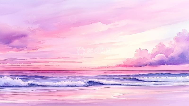 高清大图下载【趣麦麦图】梦幻粉紫色海滩日落