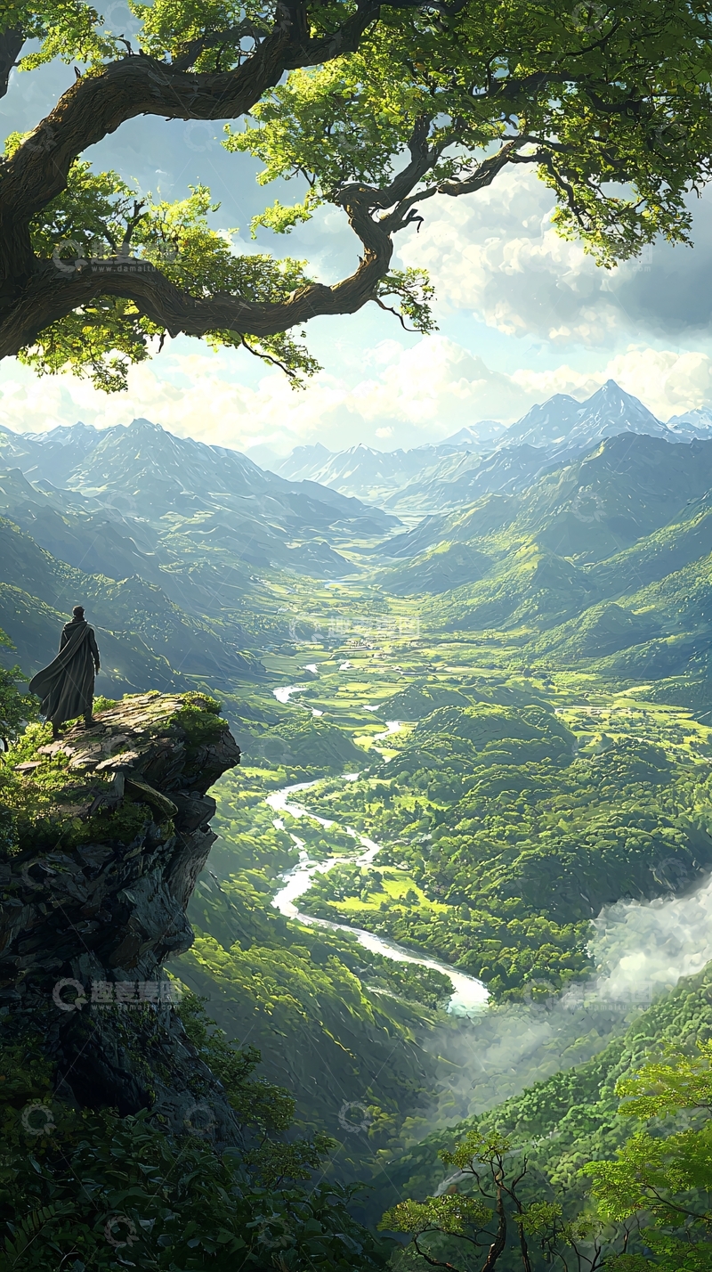 高清大图下载【趣麦麦图】山间独行者俯瞰壮丽山谷
