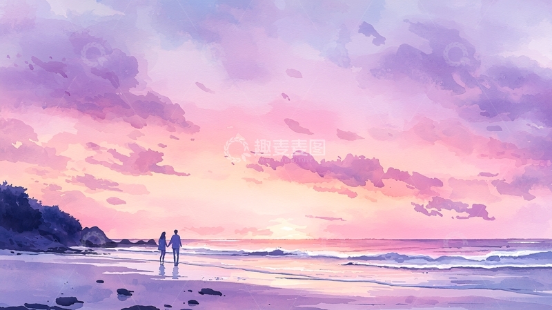 高清大图下载【趣麦麦图】夕阳海滩情侣漫步