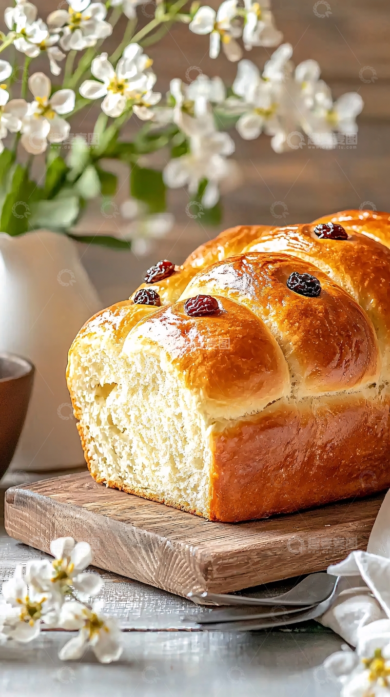 高清大图下载【趣麦麦图】金黄面包与白色花朵的美食场景