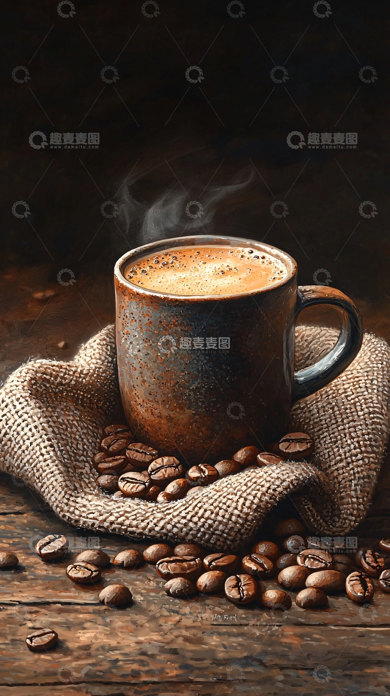 高清大图下载【趣麦麦图】咖啡杯与豆子的艺术插画
