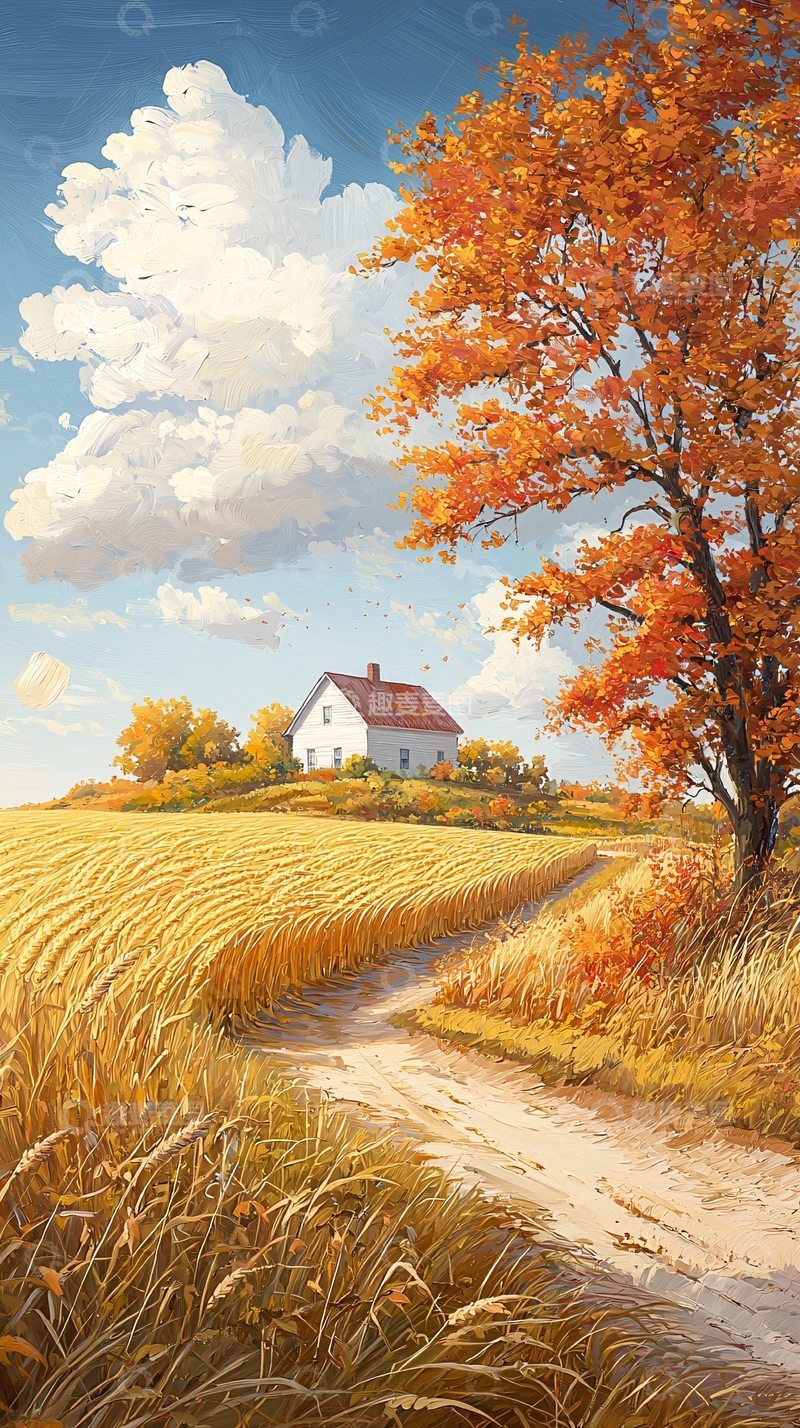 高清大图下载【趣麦麦图】秋日田园小路与红顶白屋