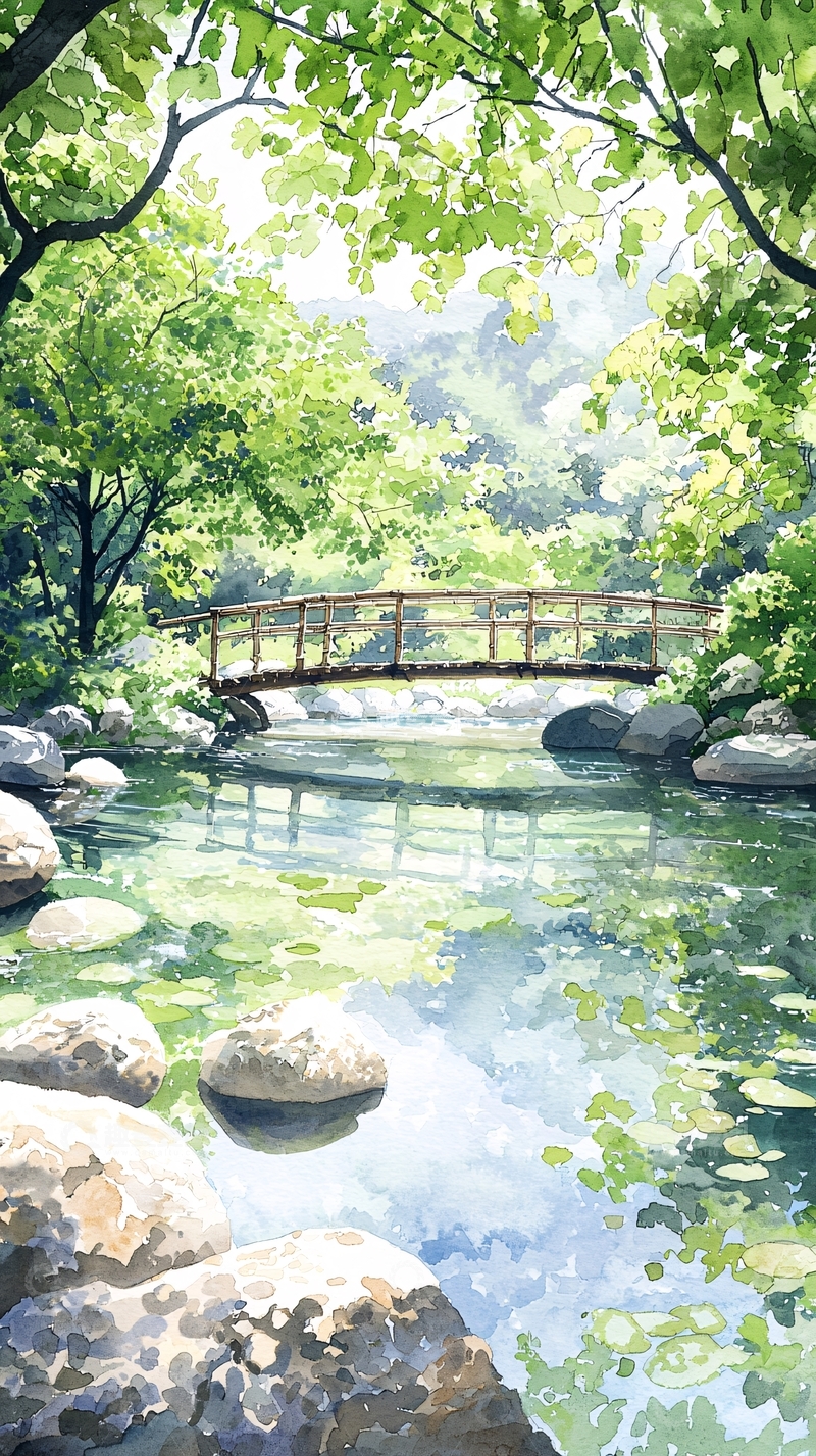 高清大图下载【趣麦麦图】夏日森林小桥流水风景画