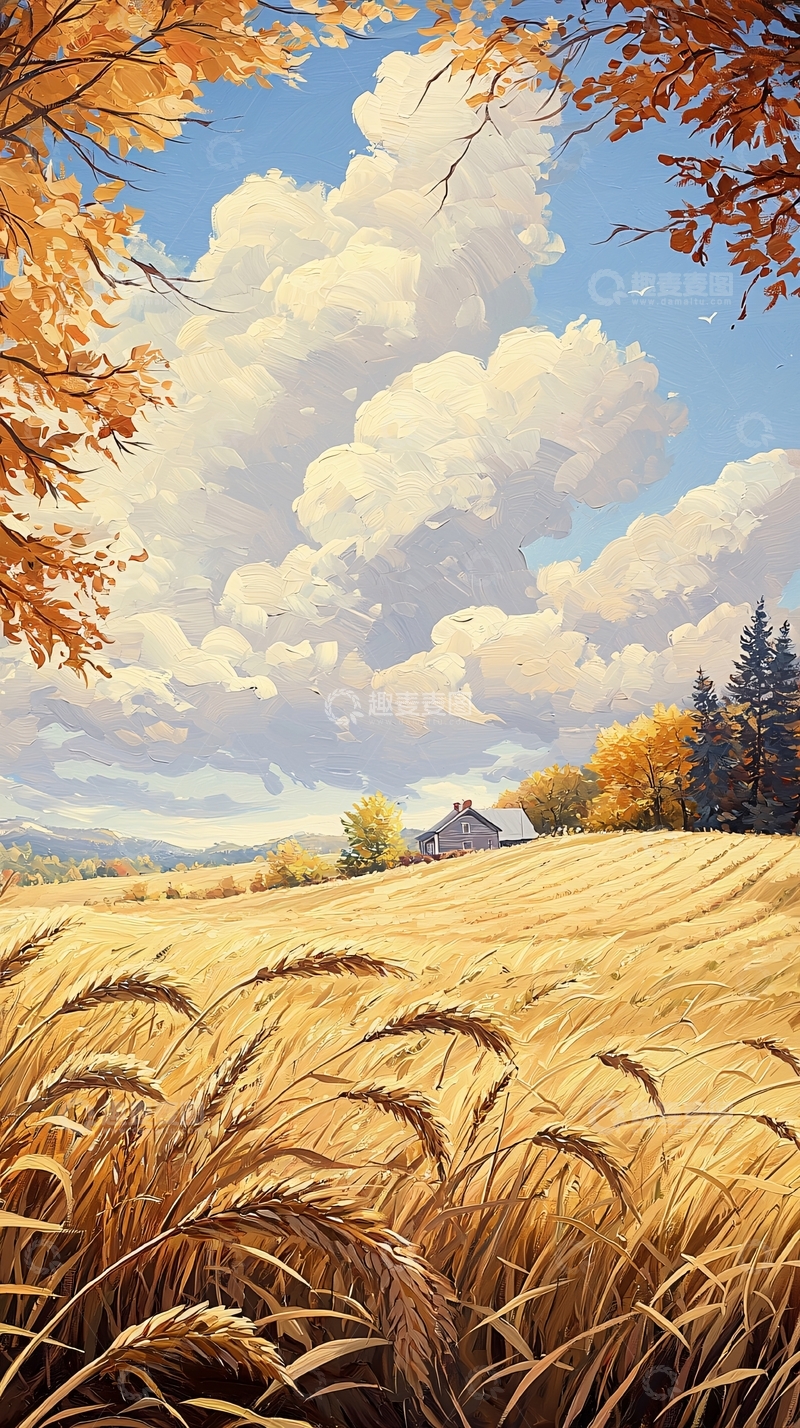 高清大图下载【趣麦麦图】秋日麦田与小屋