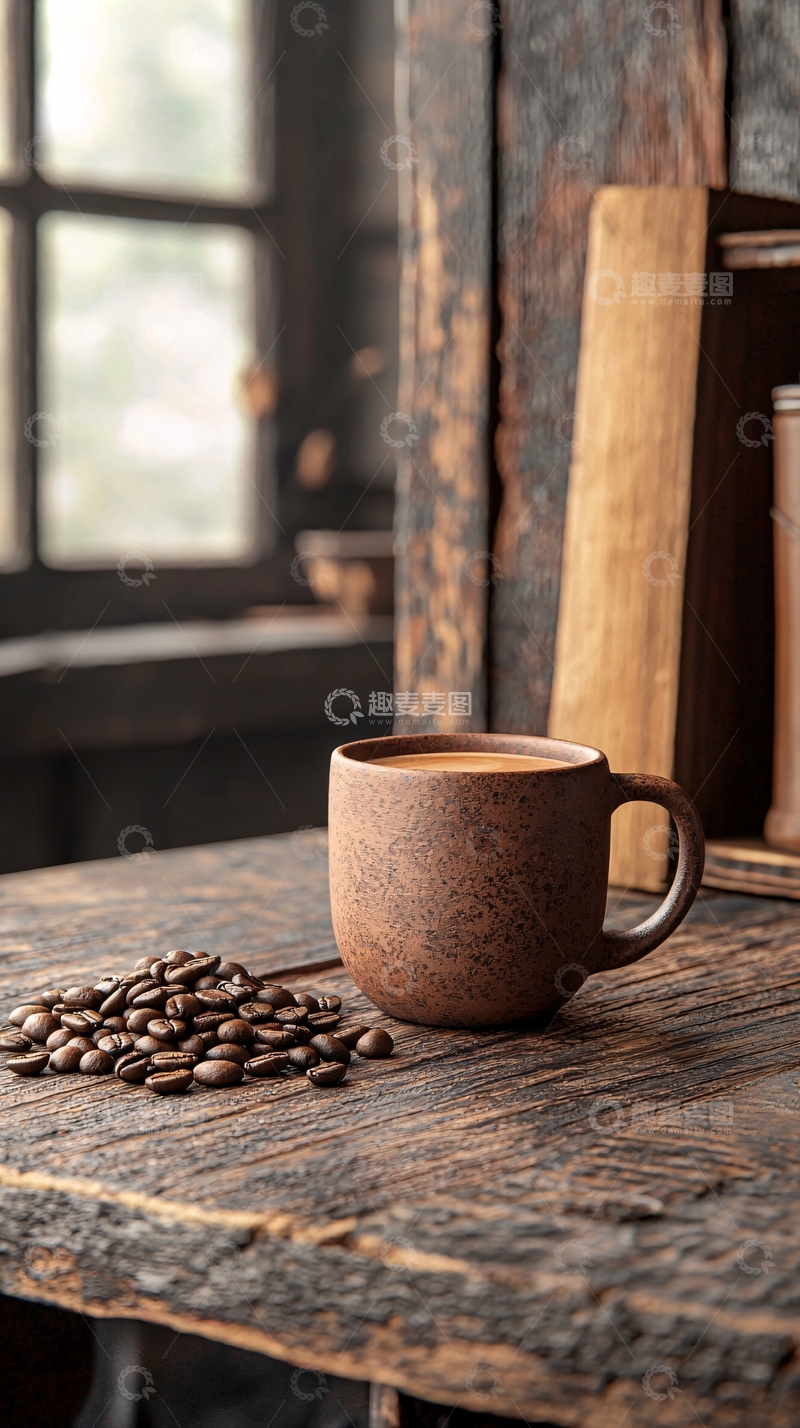 高清大图下载【趣麦麦图】咖啡杯与豆子的温馨时光
